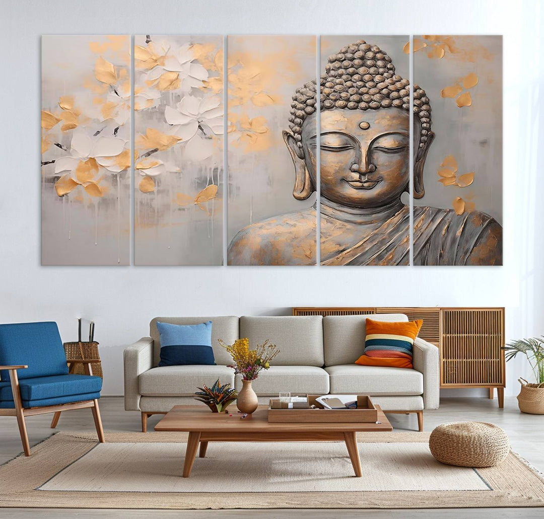 The serene dining room features Abstract Buddha Statue Wall Art.