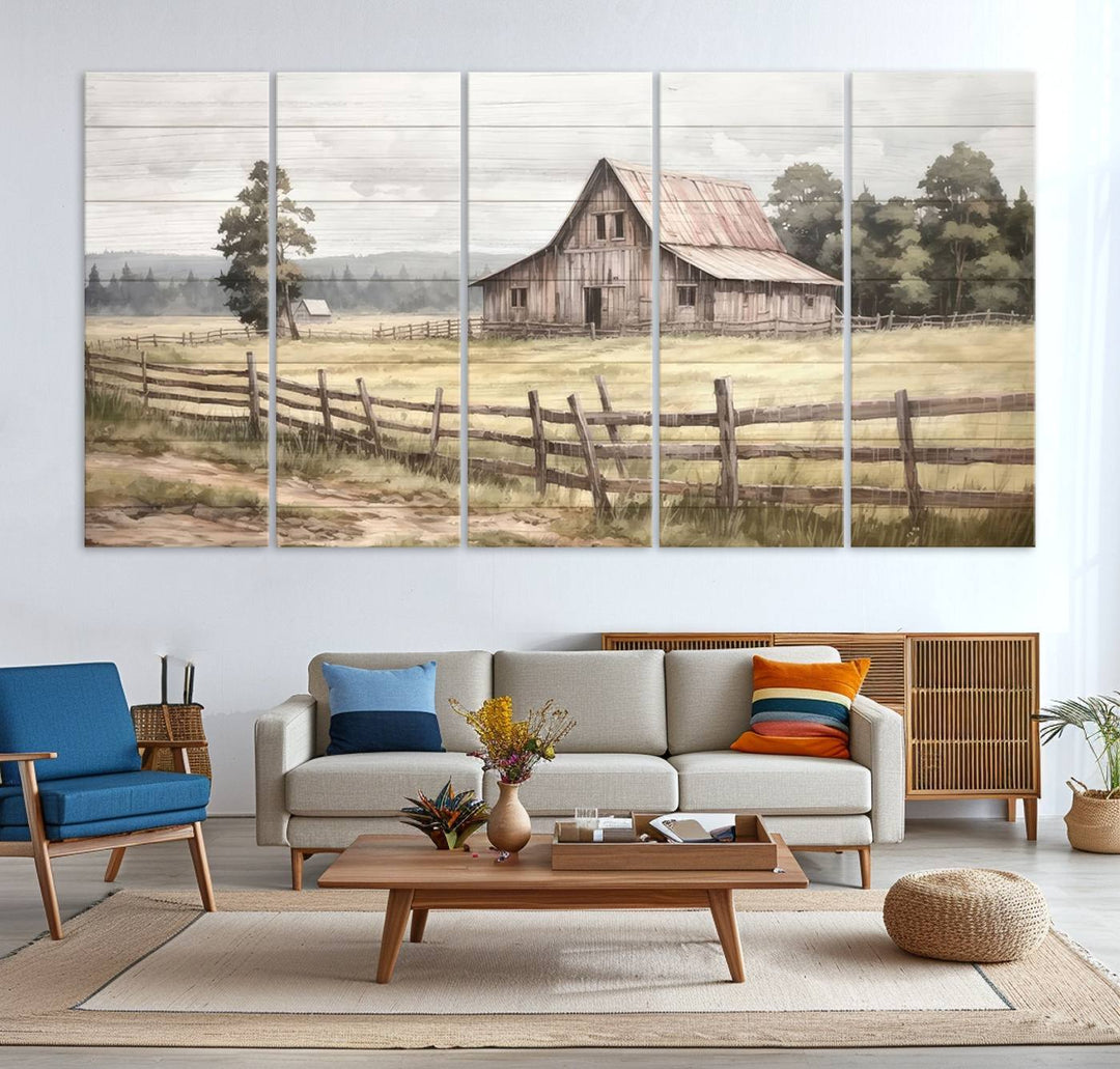 The wall is adorned with a Rustic Farmhouse Barn Wall Art.