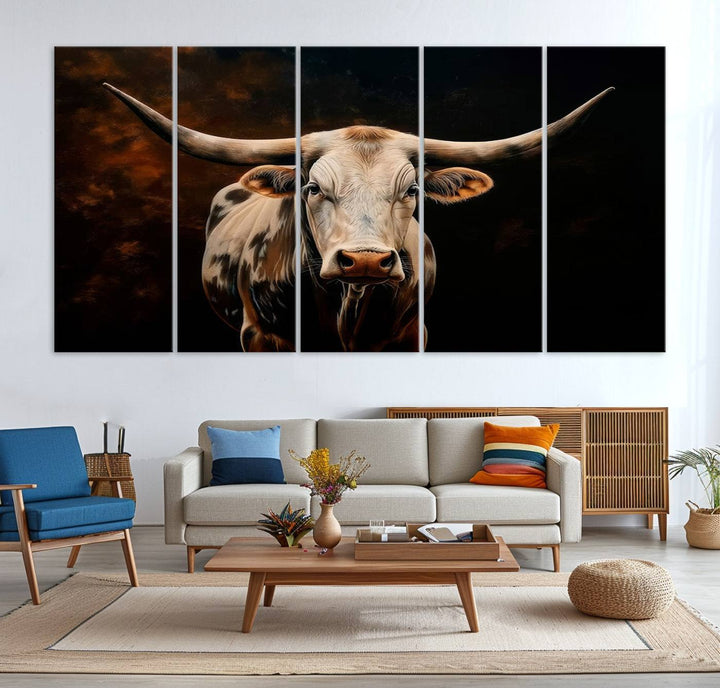 A large 3-panel Texas Longhorn canvas print dominates the space.