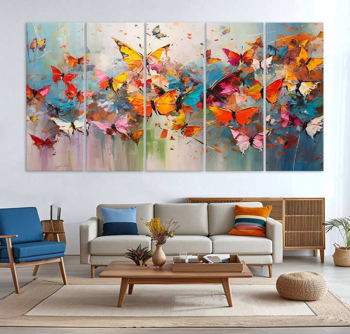 The Abstract Butterfly Wall Art Canvas Print hangs prominently, adding a touch of elegance and creativity to the room.