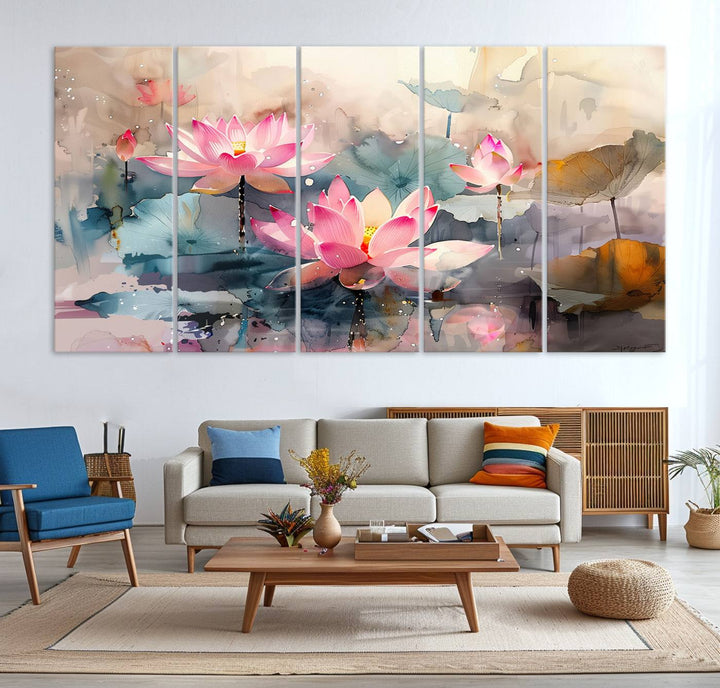 A pink lotus wall art adorns the space.