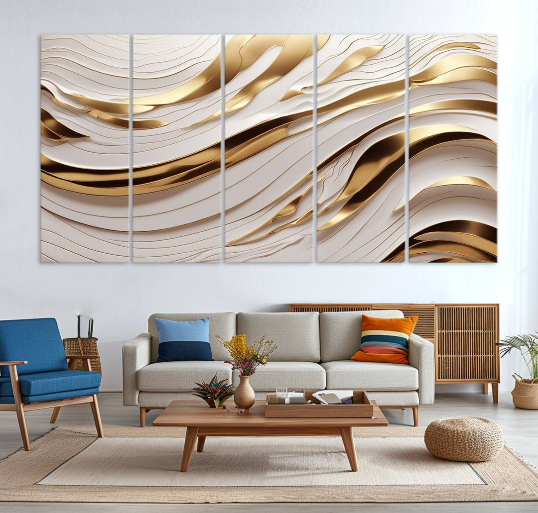 A Gold and White Abstract Wave Canvas with luxurious golden accents.