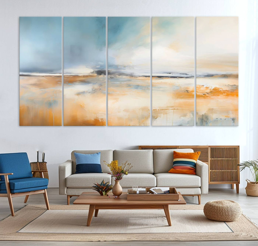 Abstract Landscape Wall Art in warm tones of orange and blue.