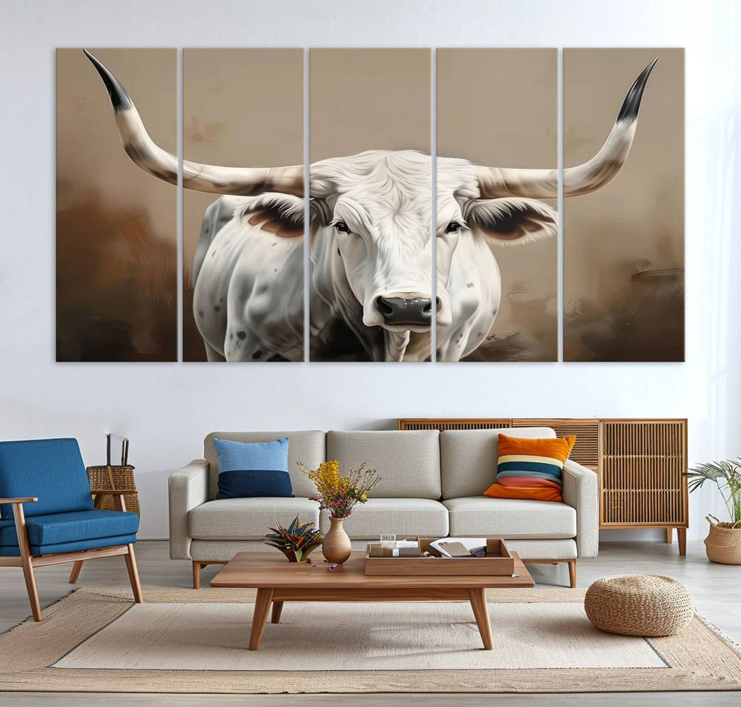 The kitchen features a striking canvas print of a Longhorn Bull.