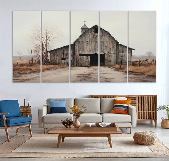 The Farmhouse Rustic Barn Wall Art Canvas Print, framed and ready to hang, enhances the farmhouse décor.