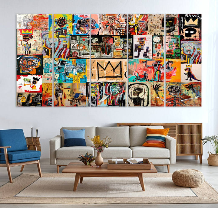 A Basquiat graffiti-style collage adorns the wall.