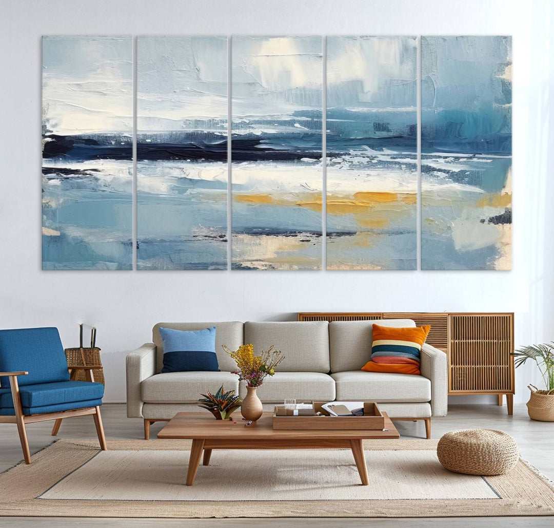 The Abstract Ocean Canvas Wall Art in coastal blue and gold enhances the modern kitchen.