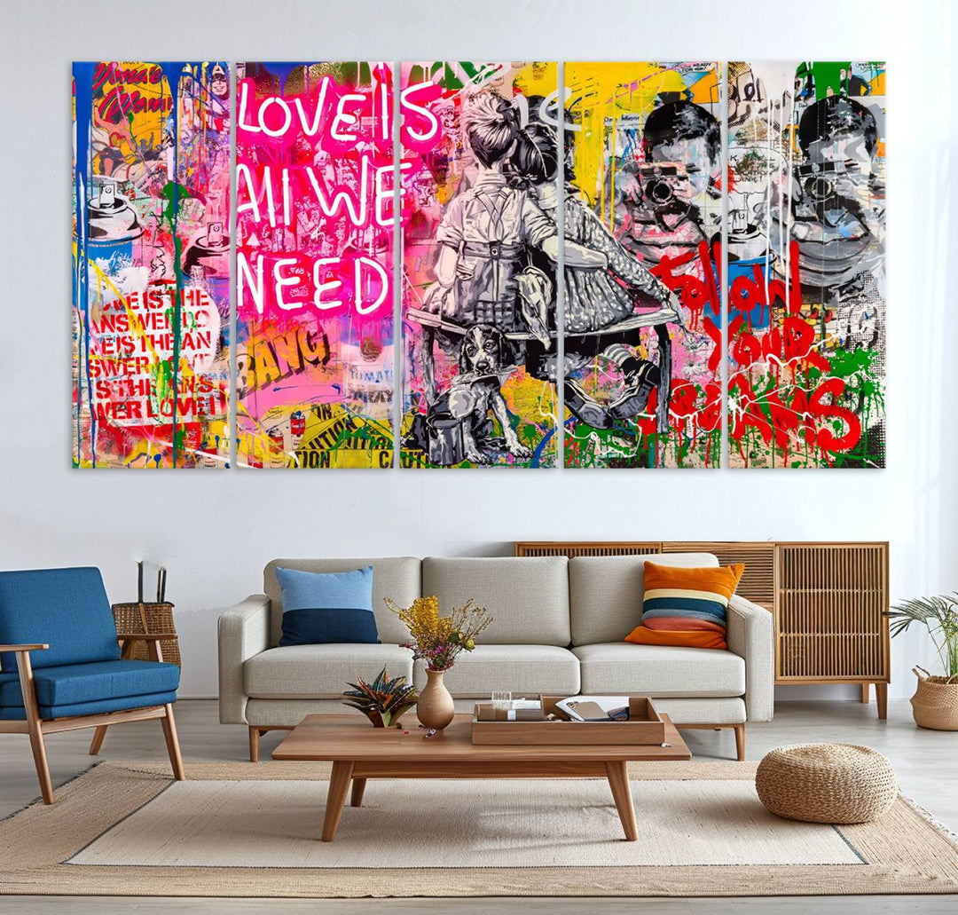 A vibrant and dynamic triptych features distorted horizontal lines, resembling graffiti street art. This artwork conveys the themes of "Follow Your Dreams" and "Love is All We Need" across three colorful panels.