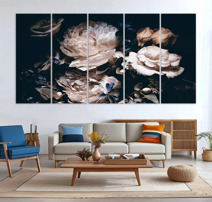 A large canvas art print of pink peonies flowers adds a vibrant touch to the space.