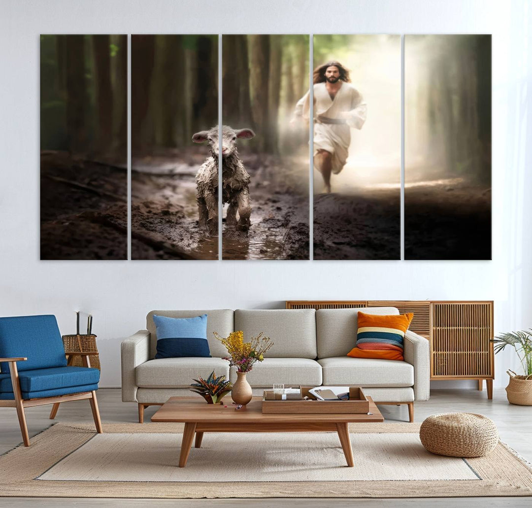 The Jesus Running After Lost Lamb canvas wall art adds a touch of spiritual significance.