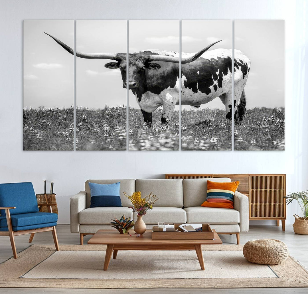 Texas Black White Highland Longhorn Cow Wall Art Canvas displayed on the wall.