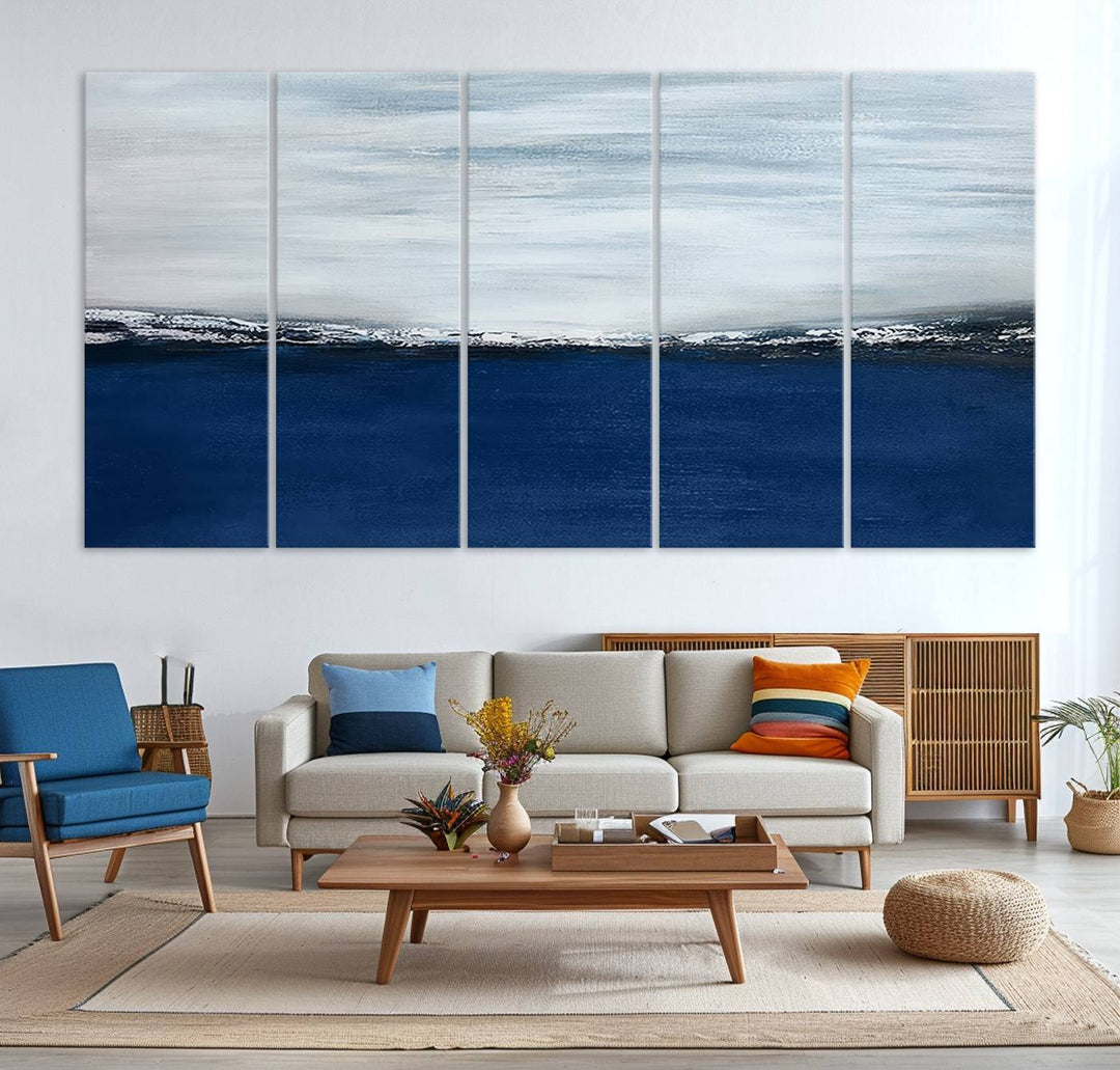 A Navy Blue Abstract Wall Art Canvas Print is displayed above the backsplash.