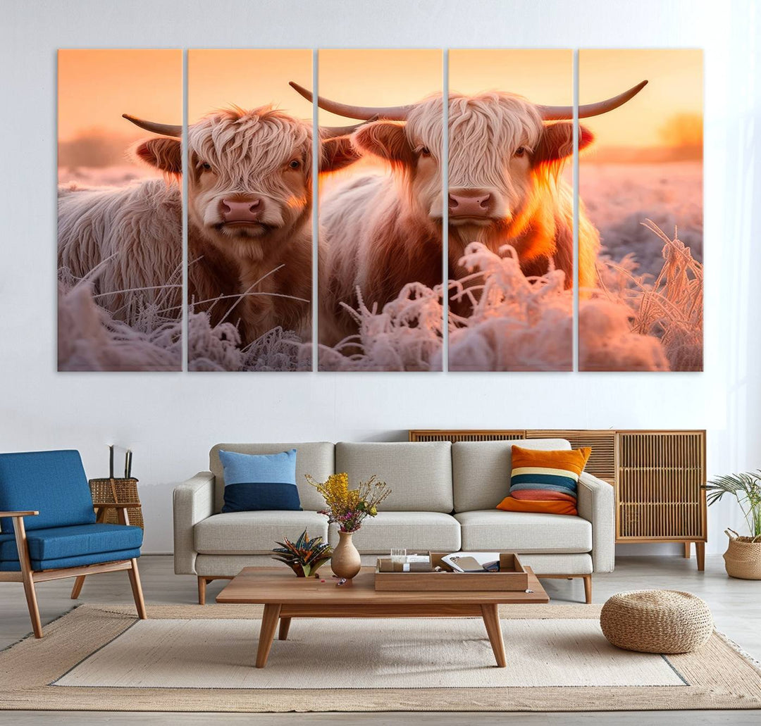 Highland Cows at Sunrise Wall Art adds serene rustic farmhouse charm.