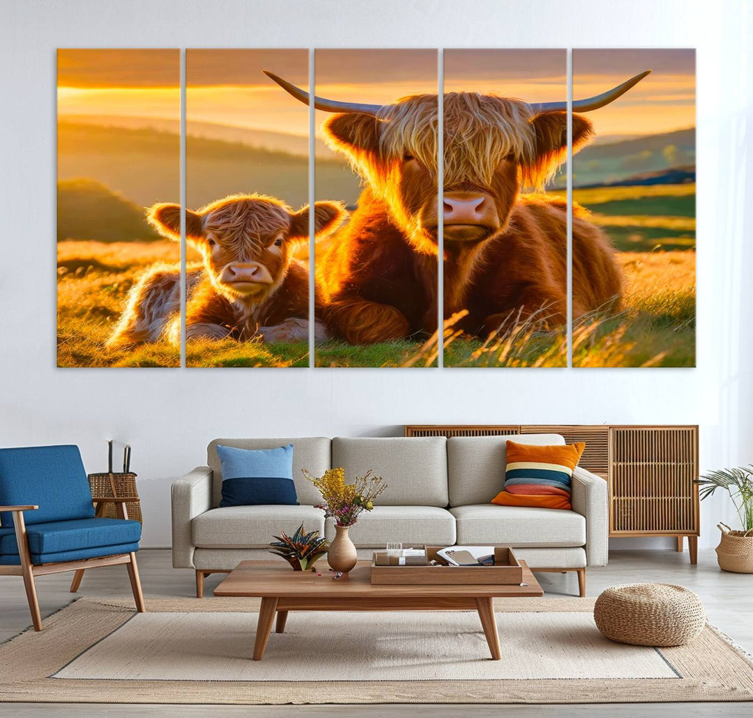 The Scottish Cow and Baby Cow Canvas Wall Art captures sunset fields.