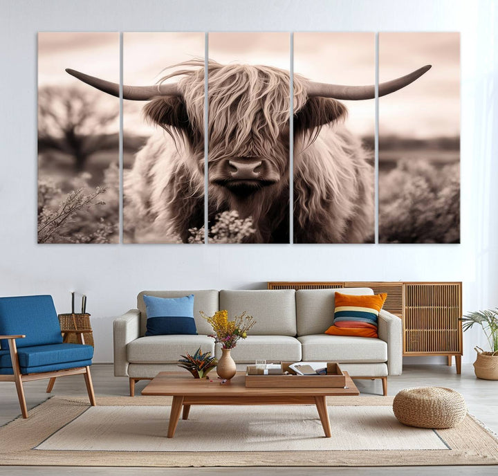 The Scottish Cow Longhorn Wall Art Canvas Print adds charm to the kitchen.