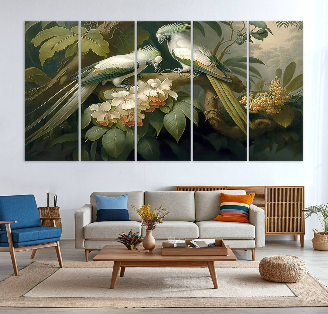 The Tropical Paradise Wall Art features a parrot in a lush forest.