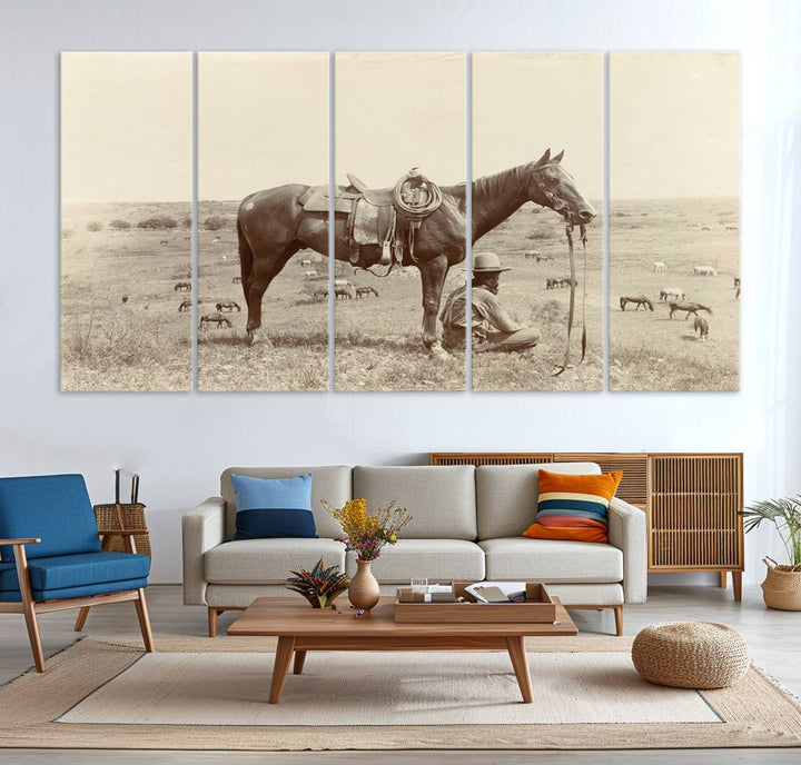 Cowboy Wall Art - Vintage Western Horse Canvas Print features a cowboy kneeling by his horse in a field.