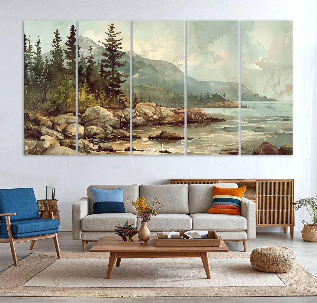 Framed Abstract Acadia National Park wall art, depicting a rocky coastline with trees and mountains, ready to hang.