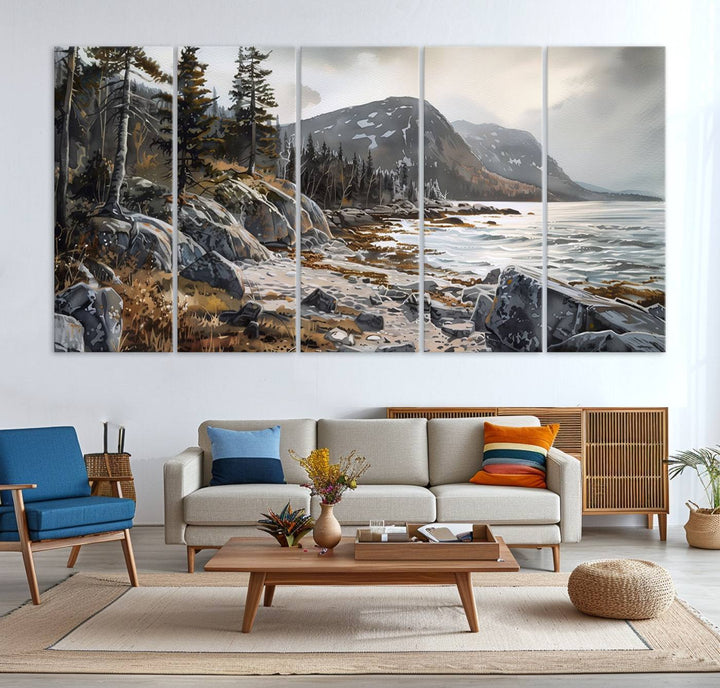 Framed wall art depicting Acadia National Parks rocky coast, trees, mountains, and sunlight over the sea; ready to hang.