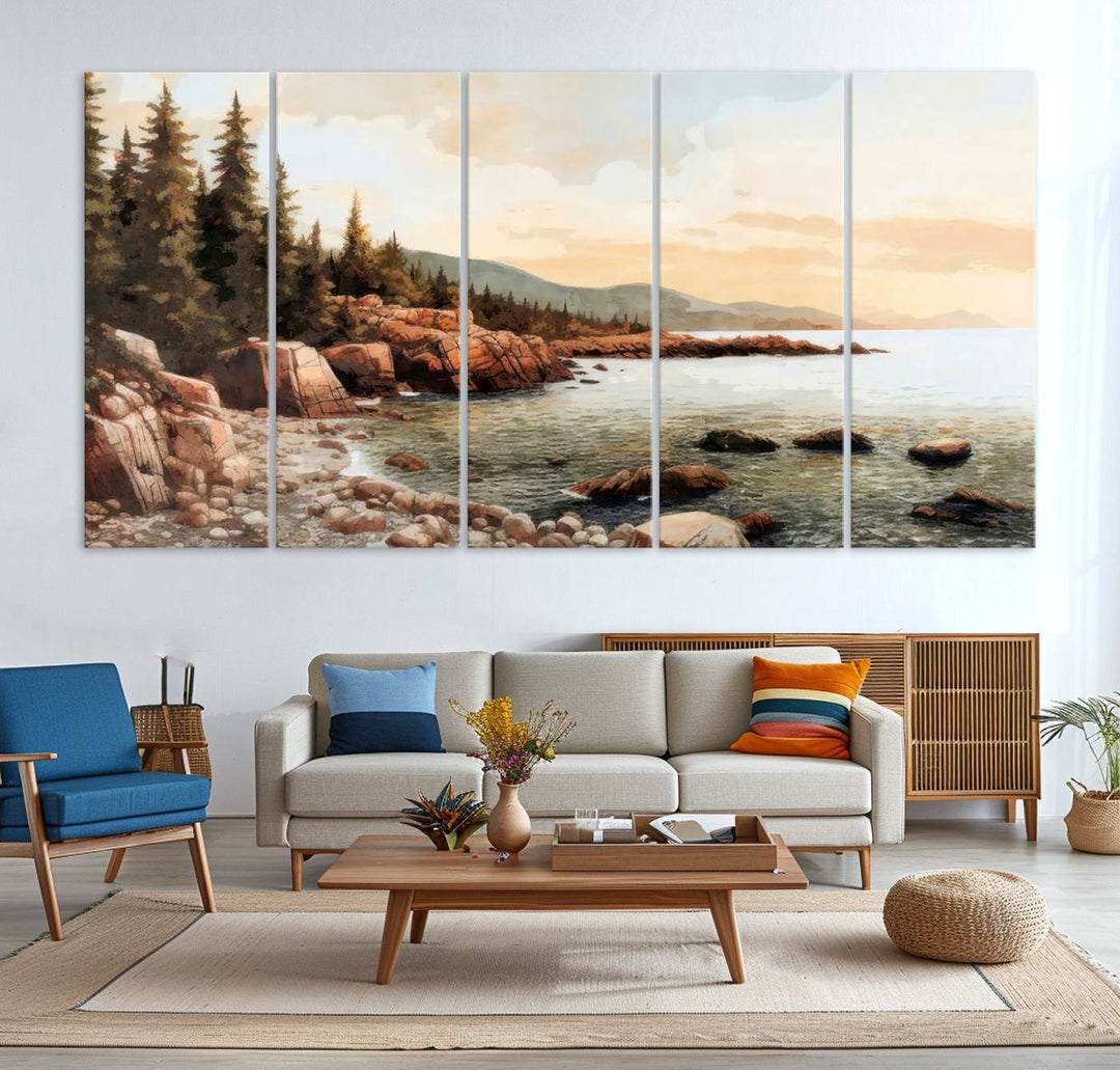 The Serene Coastal View of Acadia National Park 3-panel canvas, framed and ready to hang, adorns the wall.