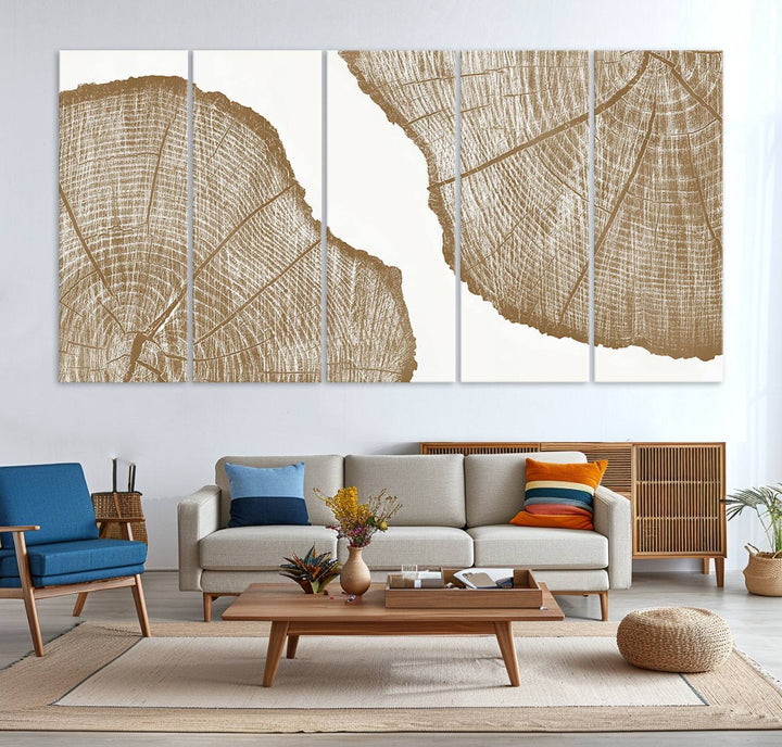 The rustic wall art features two large tree rings, beautifully framed and displayed to create a nature-inspired décor.