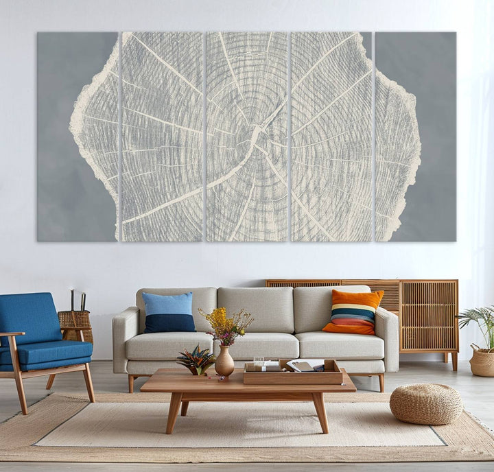 A gray wall displays the Abstract Tree Ring Wall Art print.