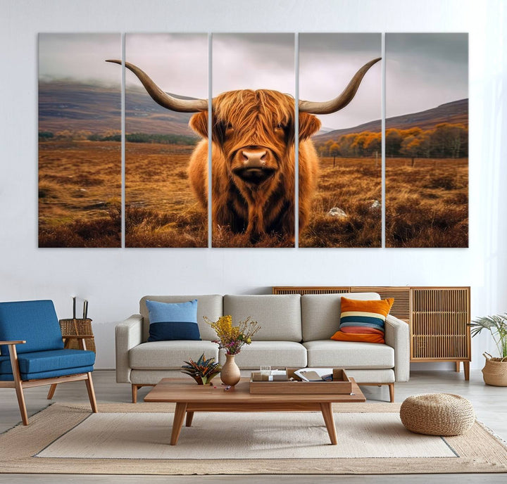 Highland Cow Longhorn Canvas Print, framed, on a wooden wall.