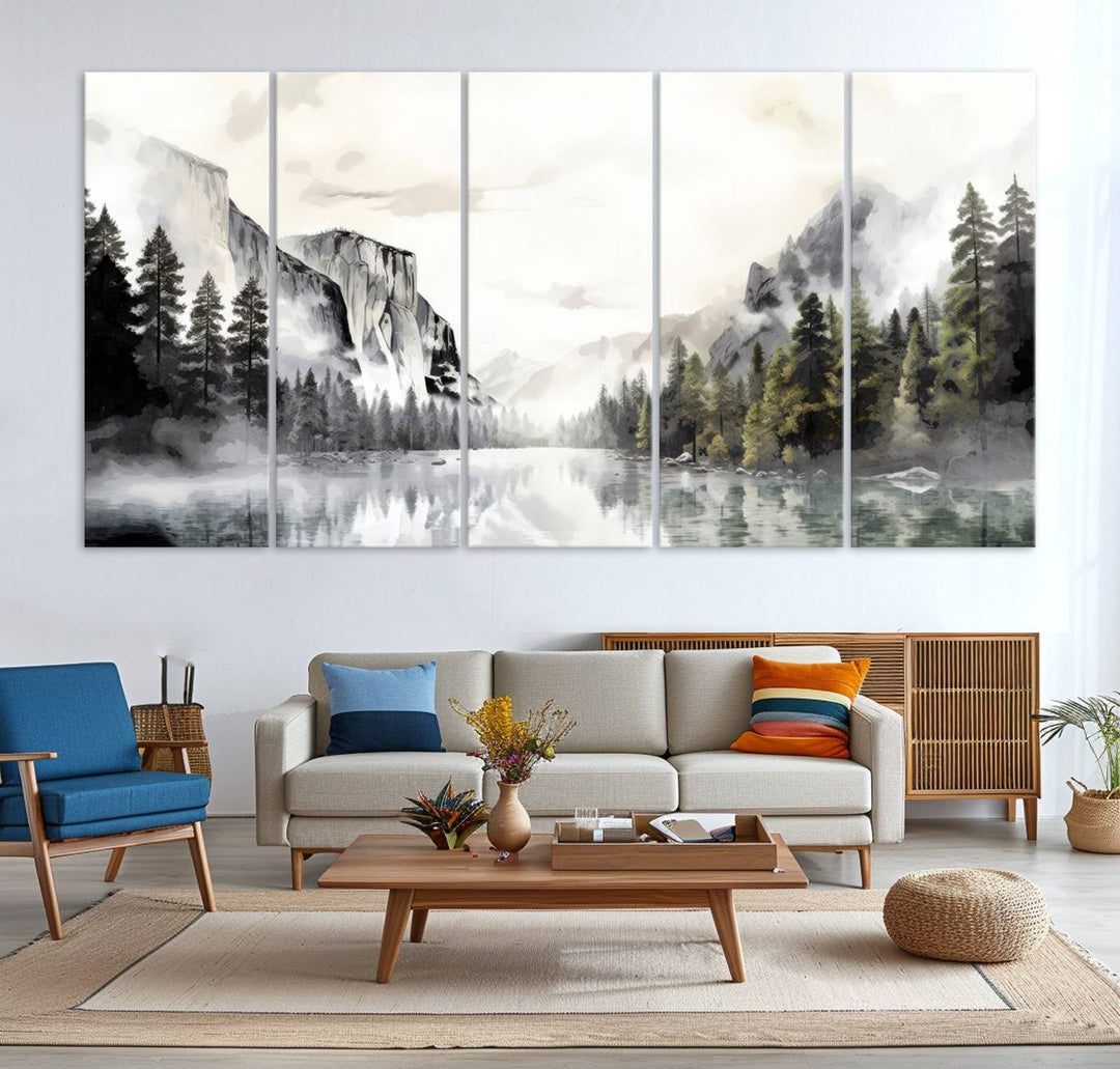 The Yosemite Valley Wall Art Canvas Print, a framed nature décor, is beautifully displayed.