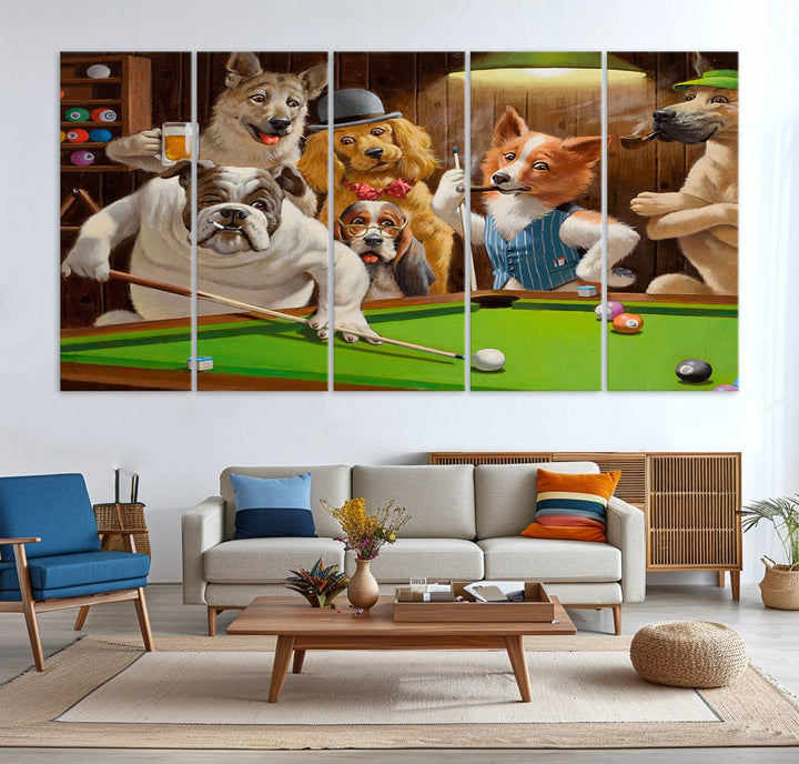 Dogs Playing Pool Canvas Wall Art: This artwork depicts a room where dogs are engaged in a game of pool. One dog is poised to cue while others observe the scene.