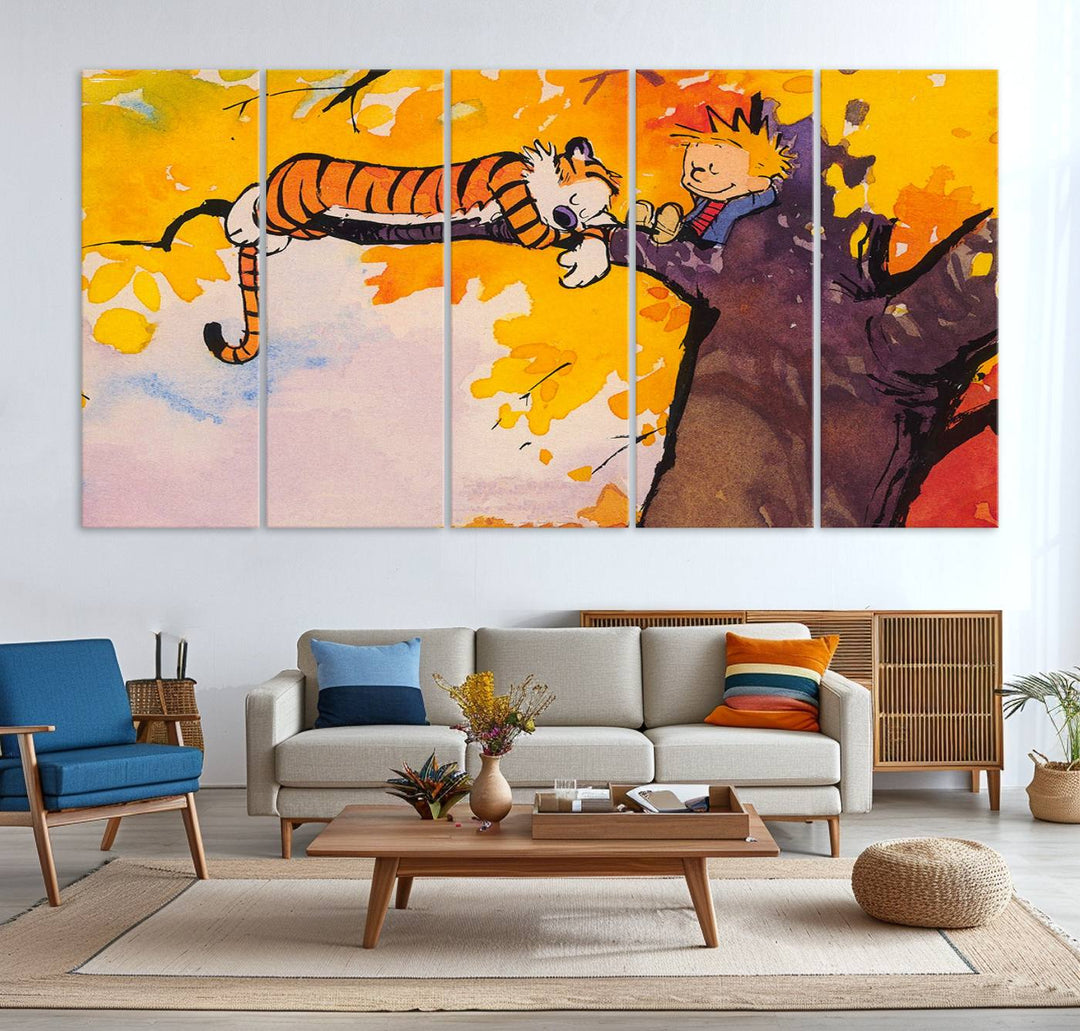 Premium canvas Calvin Wall Arts featuring a boy and tiger relaxing on a branch.