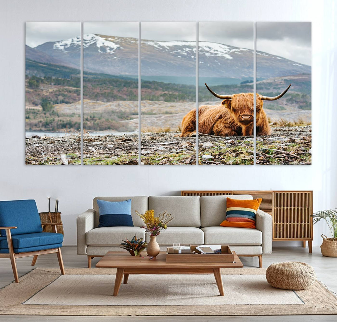 Highland Cow Horn Farm Wall Art Canvas Print is displayed against a wooden wall featuring a mountainous backdrop.