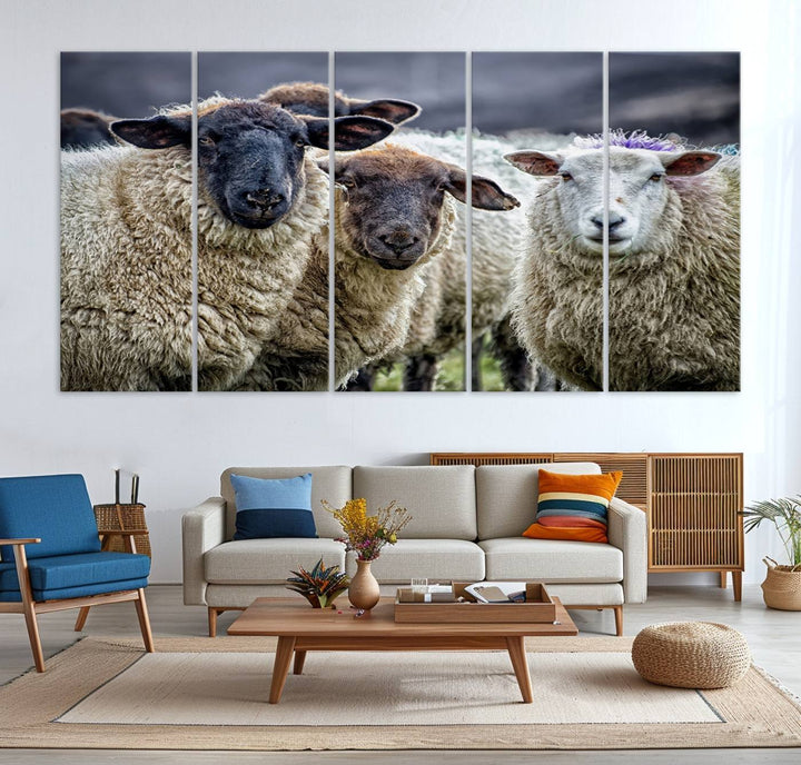 The Charming Sheep Portrait Wall Art hangs on a wooden wall.