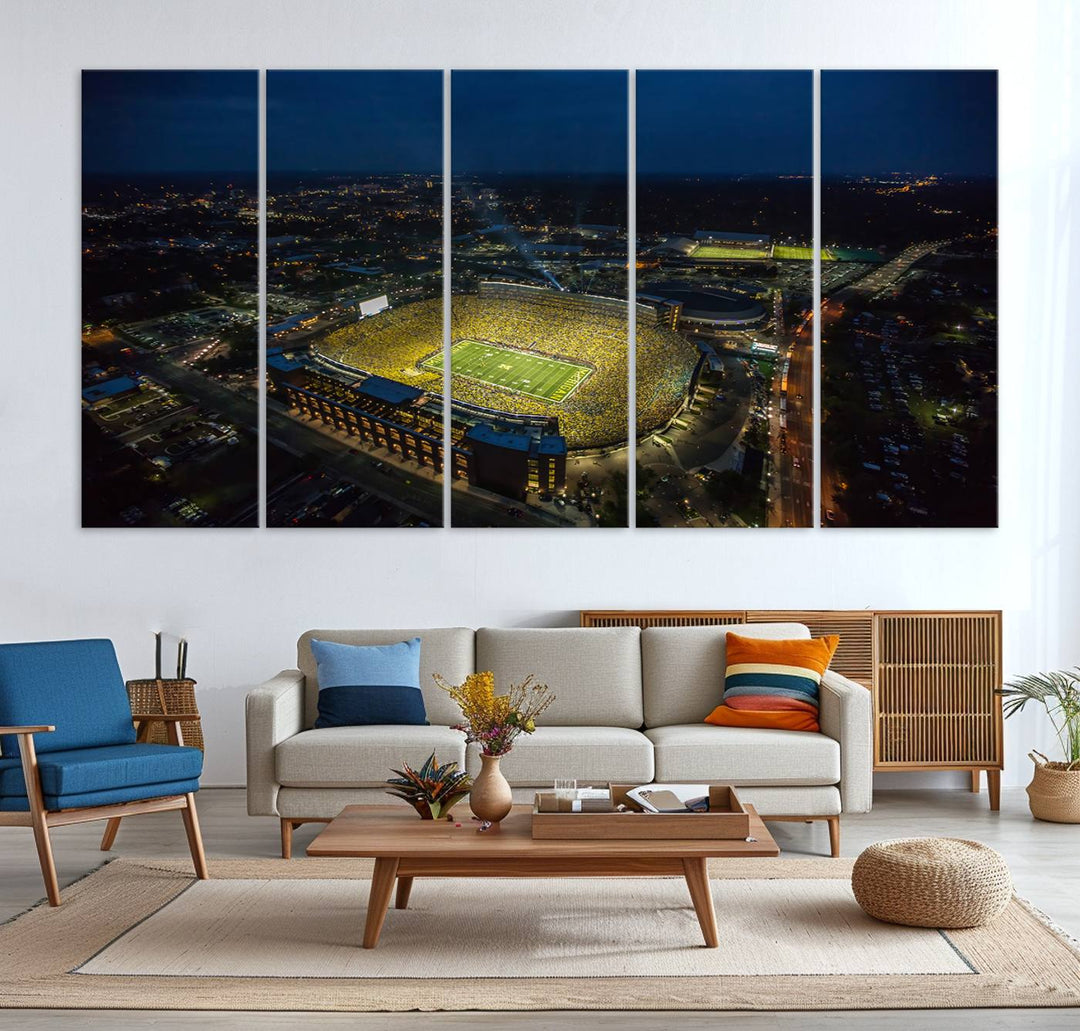 Aerial view of Michigan Stadium nightlife on canvas – Framed, ready-to-hang sports arena wall art.