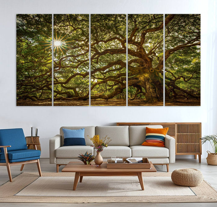 The Ancient Angel Oak Tree Art Sunburst Canvas Print, a framed triptych, serves as wall art.