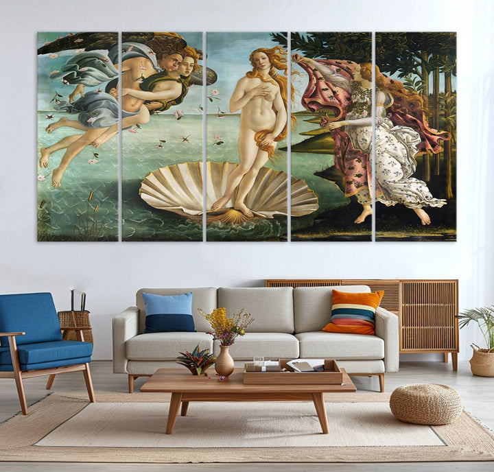 A canvas print of Botticellis The Birth of Venus is displayed on the wall.