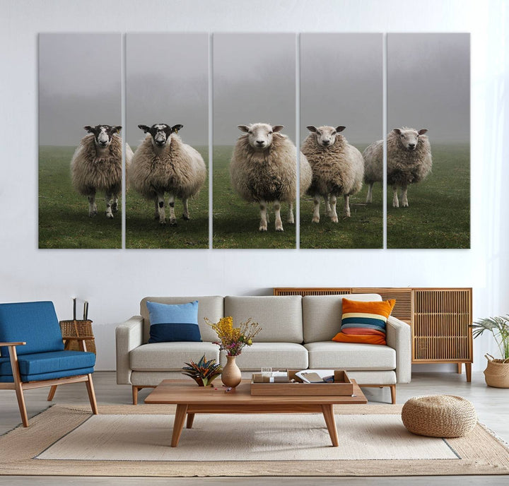 The Flock of Sheep in a Mystical Fog canvas print is framed and ready to hang.