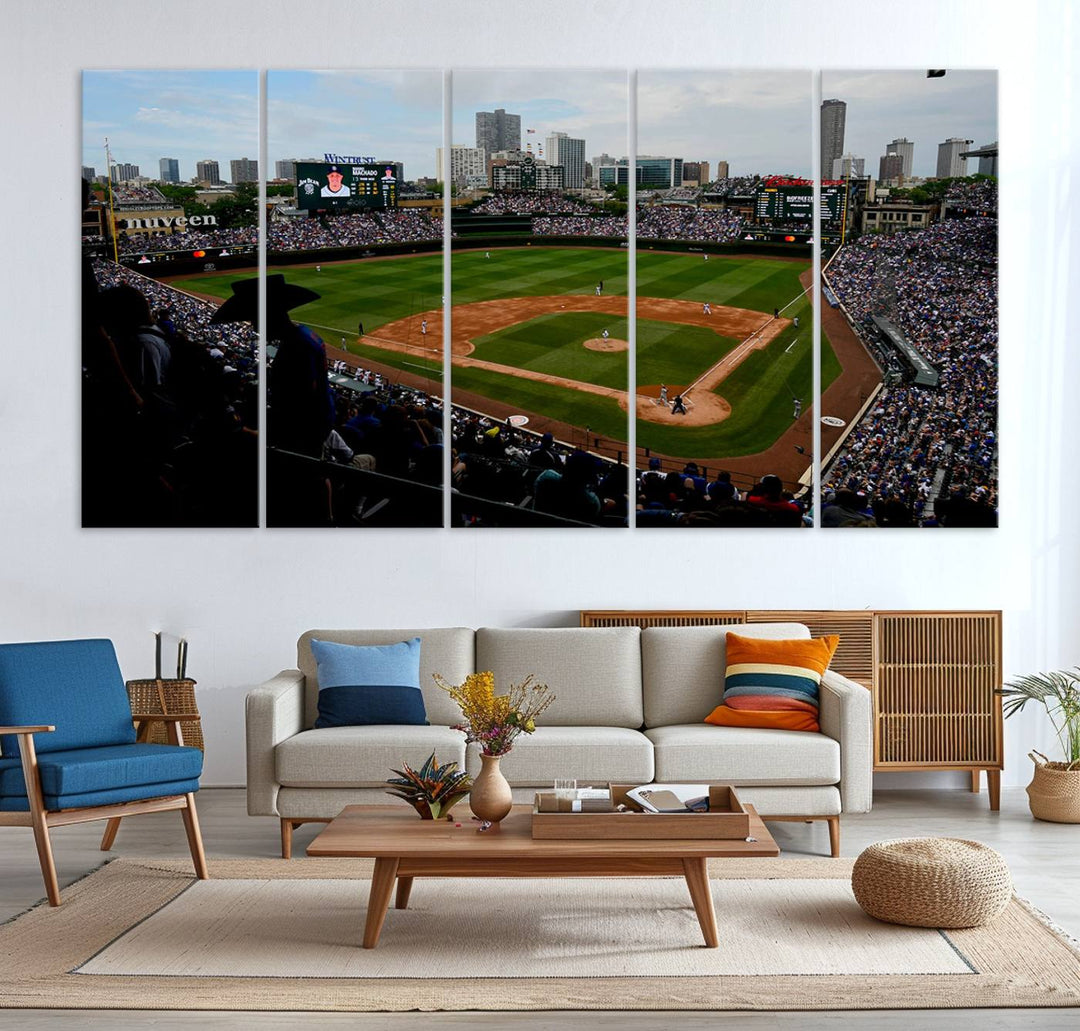 Admire this museum-quality canvas print of a Chicago Cubs game with a cityscape view from the stands at Wrigley Field.