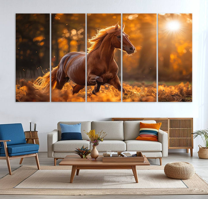 The Running Horse Sunset Forest Wall Art Canvas Print showcases a gallop in an autumn forest with sunlight streaming through the trees.