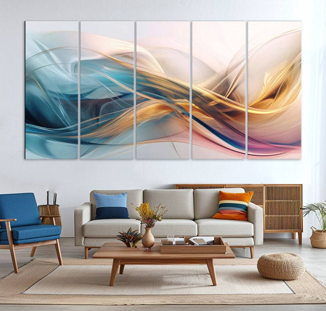 Abstract Flowing Colors Wall Art featuring blue, gold, and pink adds modern elegance to the space.