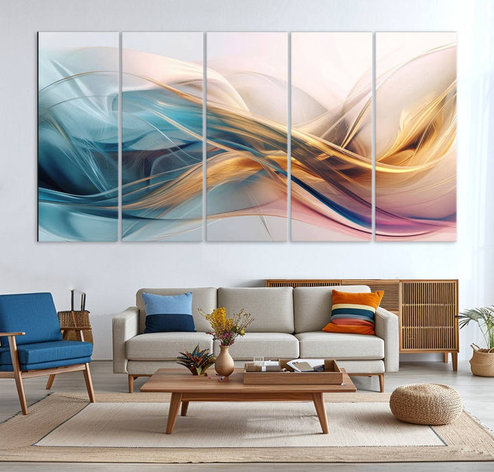 Abstract Flowing Colors Wall Art featuring blue, gold, and pink adds modern elegance to the space.