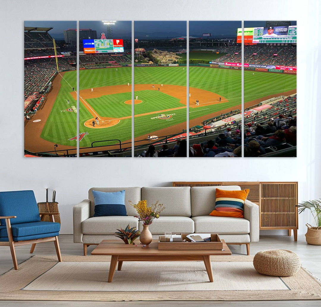 The Angel Stadium Aerial View canvas print of an Angels baseball game is showcased.