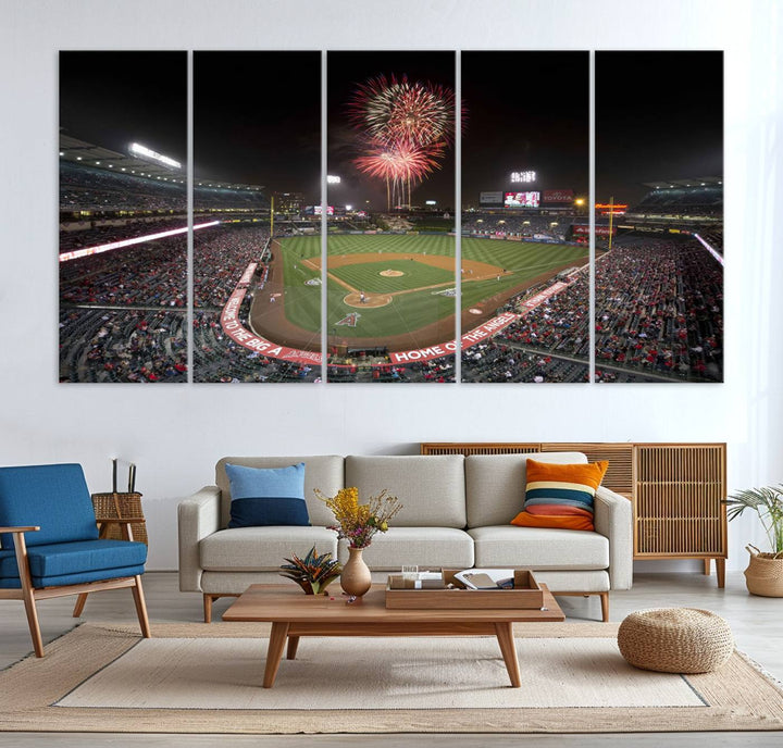 Fireworks at Angel Stadium – LA Angels Night Game Canvas Print, framed and ready to hang.