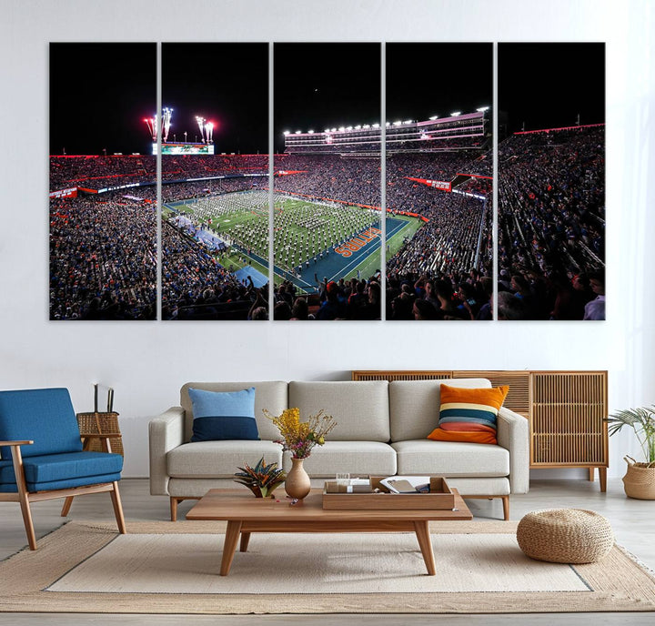 The Gators Night Game Canvas Art captures a lively night at Ben Hill Griffin Stadium with vibrant fireworks and the energy of a live band.