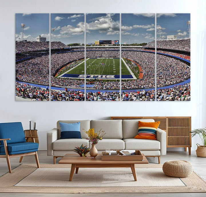 Our Buffalo Bills Game Day Canvas captures a vibrant scene at Highmark Stadium, with a lively crowd under a partly cloudy sky.