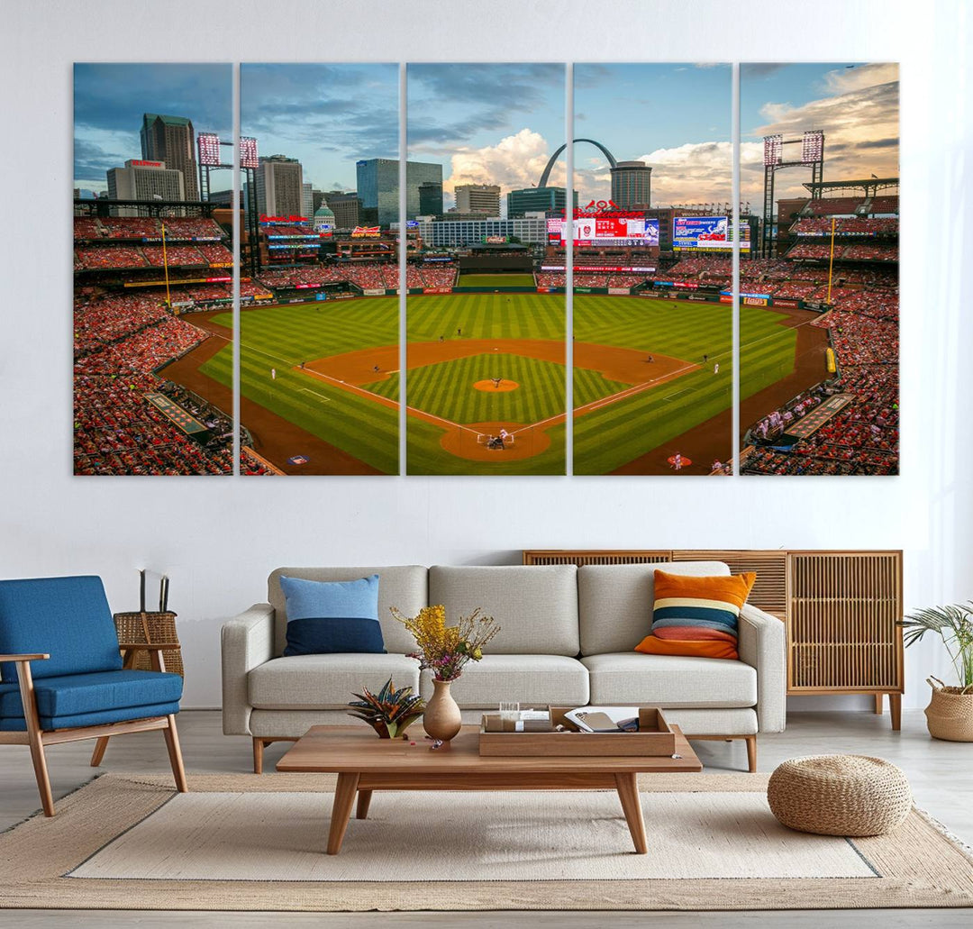 A Busch Stadium canvas print featuring a cityscape, ideal for enhancing living room or man cave sports decor.