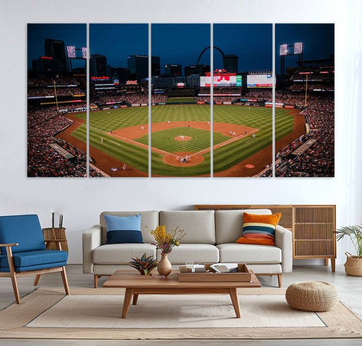 A St. Louis Cardinals Baseball Team print of Busch Stadium at night adorns the wall.