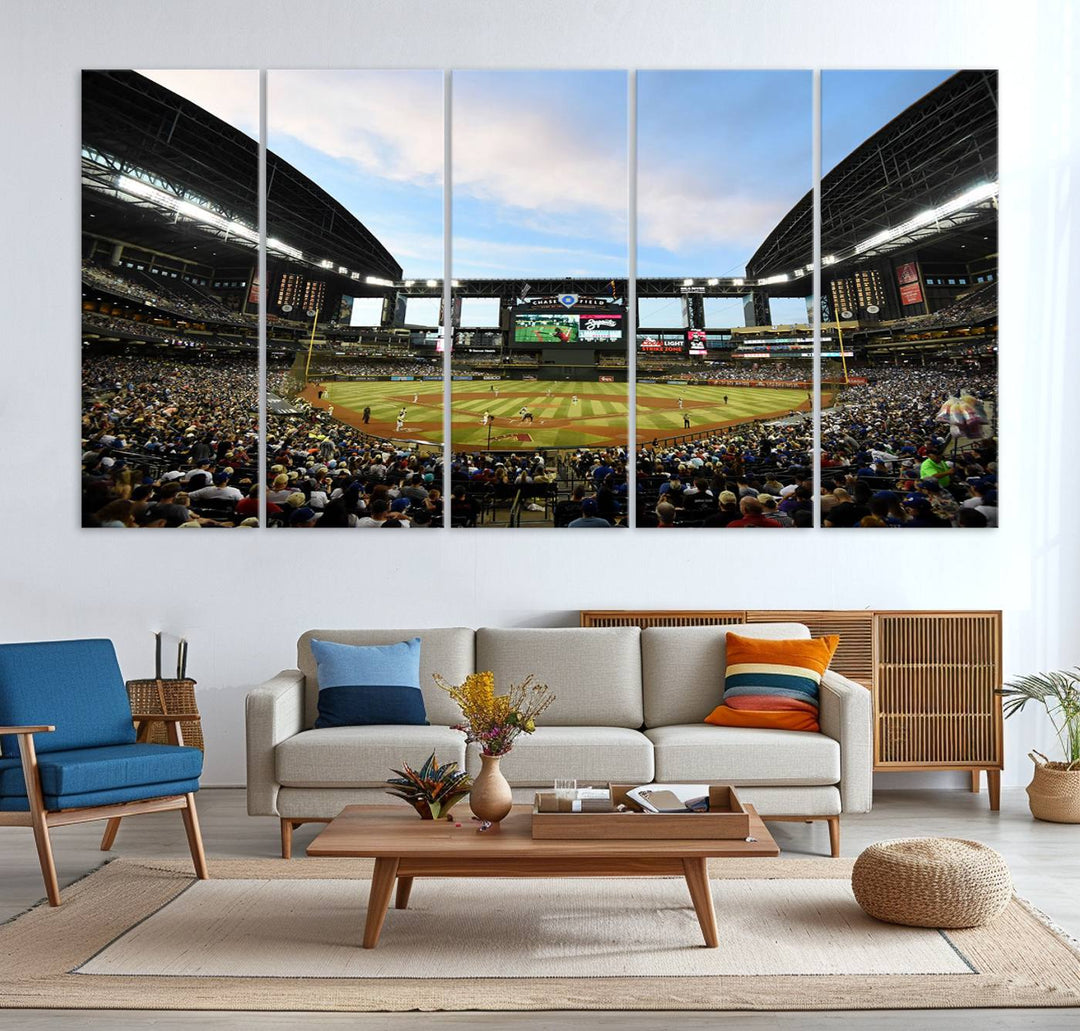 The wall art is an Arizona Diamondbacks Baseball Print depicting a packed Chase Field Stadium under a clear blue sky.