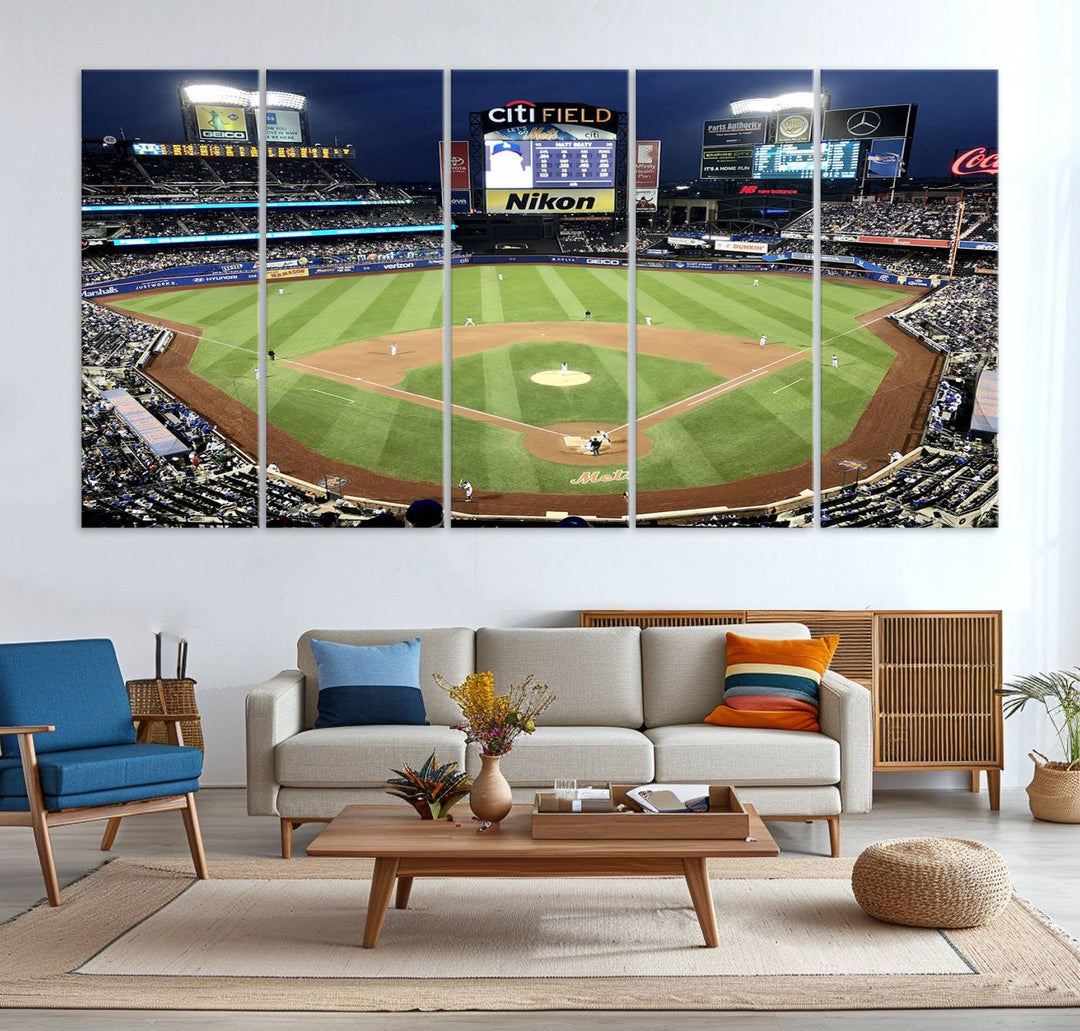 The wall is adorned with a 3-panel Citi Field Wall Art Print, framed for sports-themed decor.