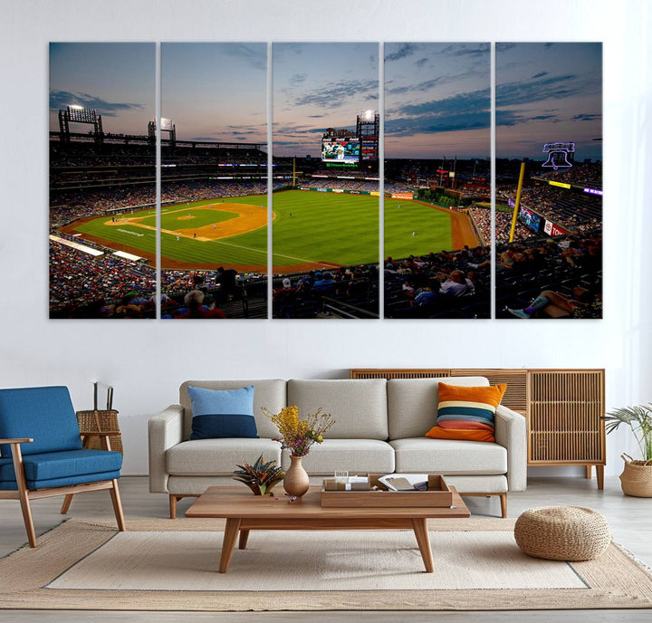 A wall art piece depicting the Philadelphia Phillies Citizens Bank Park Stadium at dusk.