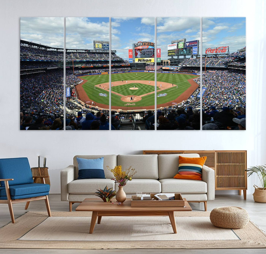 A wall art piece featuring a New York Mets Baseball Team print of Citi Field during a thrilling game under a blue sky.